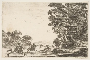 Levy 4: peuran metsästys, kaksi ratsumiestä laukkaa vasemmalle kolmen koiran ja peuran takana..., 1642.