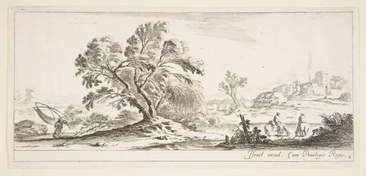 Levy 6: kalastaja kantamassa verkkoa vasemmalla, kaksi hevosmiestä purossa oikealla, puu..., n. 1641.