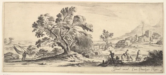 Levy 6: kalastaja kantamassa verkkoa vasemmalla, kaksi hevosmiestä purossa oikealla, puu..., n. 1641.