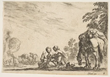 Kilpi 6: kaksi naista, joista toinen imettää lasta, istuu koiran ja laumaa kantavan hevosen vieressä..., 1642.