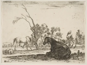 Kilpi 8: istuva hevonen oikealla, takaa katsottuna ja vasemmalle käännettynä, kolme muuta hor..., 1642.