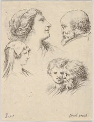 Levy 9: viisi päätä, kaksi nuorta naista vasemmalla, parrakas mies yläoikealla, nuori nainen..., n. 1649.