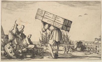 Otsikkosivu: mies kantolaukkua selässään keskellä, kolme miestä katsomassa häntä kohti ..., 1639.