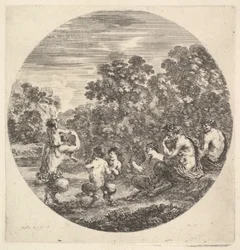 Kaksi satyyriä ja faun istuu oikealla katsomassa kahta lapsisatyyria ja toista satyyriä..., n. 1643-48.