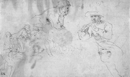 Kaksi tutkimusta sävellyksestä, jossa kaksi paimenta nojaa suureen kiveen, joista toinen soittaa huilua ja toinen kuuntelee