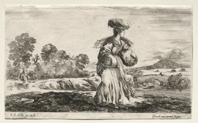Erilaisia hahmoja ja maisemia: Talonpoikanainen kantamassa koria päässään, 1649.