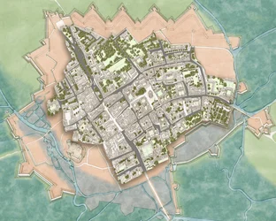 Moderni Oxford sisällissodan aikaisen puolustuksen yllä, noin 1644-1646 (tussi, akvarelli, digitaalinen editointi).