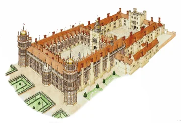 Nonsuchin palatsi, Surrey, noin 1540-1600 (tussi ja akvarelli).