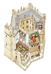Vanha Wardourin linna, Salisbury, noin 1390 (tussi ja akvarelli paperille).