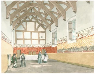 The Great Hall of Cothay Manor, Near Wellington,Somerset, 2016 (tussi ja akvarelli)