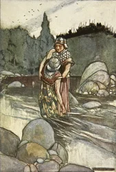 Ferdia kaatuu Cuchulainin kädestä, kuvitus Eleanor Hullin (1860-1935) teoksesta "Cuchulain, The Hound of Ulster"