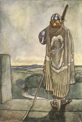 Finn kuuli kaukana ensimmäiset sävelet keijuharpusta, joka oli T.W. Rolleston (väri litho)