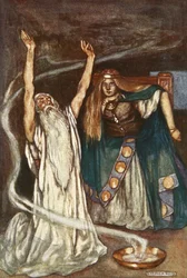 Kuningatar Maeve ja druidi, kuvitus Eleanor Hullin (1860-1935) teoksesta "Cuchulain, The Hound of Ulster"