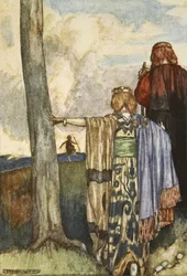 Kuningatar Maeve tapaa Cuchulainin, kuvitus Eleanor Hullin (1860-1935) teoksesta "Cuchulain, The Hound of Ulster"