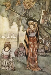 He tekivät leirin ja joutsenet lauloivat heille, kuva T.W.:n teoksesta The High Deeds of Finn, and other Bardic Romances of Ancient Ireland. Rolleston (väri litho)
