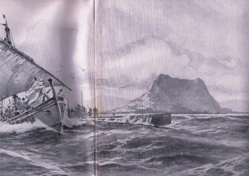 Saksalainen sukellusvene matkalla Gibralterin salmien läpi matkalla Dardenelleille, Pubista The Illustrated History of the World War 1914-1915. kirjoittanut Union Berlagsefellfchaft