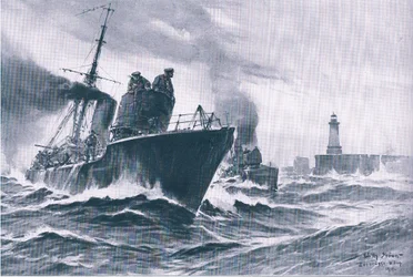 Partioveneet ja miinanraivaajat purjehtivat ulos Zeebruggen satamasta The Illustrated History of the World War 1914-1915 -pubista. kirjoittanut Union Berlagsefellfchaft