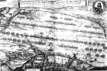 Kuvaus hänen majesteettinsa hevos- ja jalkaväestä Nasebyn taistelussa 14. kesäkuuta 1645, julkaistu ensimmäisen kerran Joshua Spriggen vuonna 1647 julkaisemassa Anglia Redivivassa.