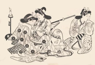 Samurai ja kurtisaani istuvat, palvelija heidän vieressään, n. 1685, n. 1685.