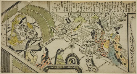 Yoshitsunen kohtaaminen prinsessa Jorurin kanssa, kirjasta "The Tale of Joruri in Twelve Episodes (Joruri Junidan Zoshi)".