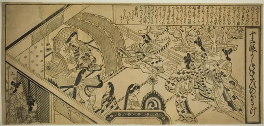 Yoshitsunen kohtaaminen prinsessa Jorurin kanssa, kirjasta "The Tale of Joruri in Twelve Episodes (Joruri Junidan Zoshi)".
