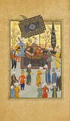 Khusrau istuu valtaistuimellaan, Folio 64 Nizamin Khamsa-kvintetistä, A.H. 931A.D. 1524-25. Tekijät: Sultan Muhammad Nur, Mahmud Muzahhib, Shaikh Zada.