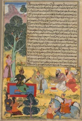 Vabhruvahana lähestyy Arjunaa, sivua Khan Khanin Razm-namasta