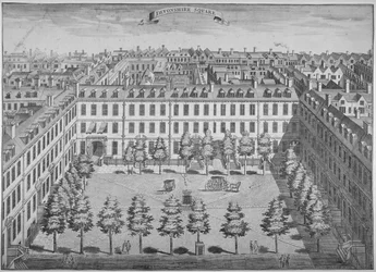 Lintuperspektiivistä Devonshire Square, Lontoon kaupunki, 1740.