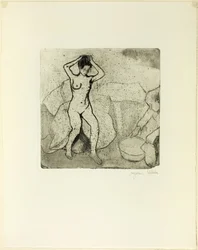 Catherine valmistelee kylpyä ja Louise, Nude, korjaa hiuksensa