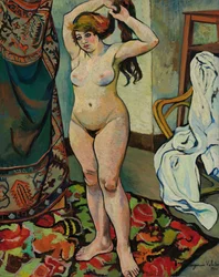 Gilbert alasti kampaamassa hiuksiaan, 1920.