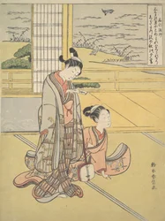 Nuori mies ja nainen Shamisenin kanssa, Monk Saigyo, sarjasta, joka viittaa kolmeen..., n. 1768.