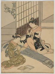 Koto-joen laskeutuvat hanhet, Edo-kausi, n. 1766 (värillinen puupiirros).