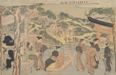 Näkymä Kagiya Teahousesta Kasamorin pyhäkössä Yanakassa, n. 1768, n. 1768