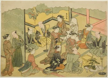 Seremoniallinen sake (Konrei sakazuki), neljäs arkki sarjasta "Avioliitto brokadiprinteissä, hyveellisen naisen kuljetus (Konrei nishiki misao-guruma)"
