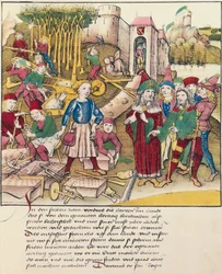 Bernin kaupungin perustaminen vuonna 1191, pienoismalli Spiezer Bilderchronikista Sveitsistä
