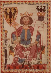 NEITI. Pal. alkio. 848 King Henry, kuva Manesse Codexista, kokoelmasta hovimaisia rakkauslauluja, luultavasti Zürichistä, n. 1300-20