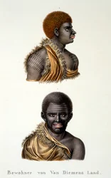 Van Diemenin maan alkuasukkaat, esim. Tasmania, kirjasta Ethnological Study of Various Racial Types from Various Continents, kirjoittanut C.I. Brodtmann, 1824
