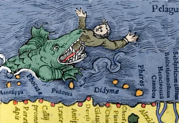 Merihirviö syö ihmistä, kuvitus Conrad Gesnerin Historia Animaliumista