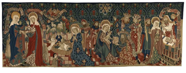 Selkä kuvakudos, jossa on neljä kohtausta Neitsyen elämästä, Baselista, n. 1450-1475 (villa- ja valkoiset pellavalangat)