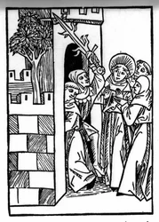 Legenda Saint Brendanista (Brandan), sankareista ja irlantilaisesta 6. vuosisadan pyhimyksestä. Yksi munkeista on vangittu. Kaiverrus "" Die Wunderbare Meerfahrt des Hl. Brandan." Paali