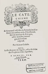 Genevessä 1549 julkaistun Johannes Calvinin katekismuksen otsikkosivu