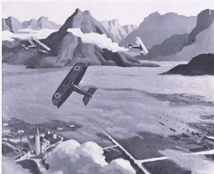 Brittiläiset tiedustelijat lähtevät lentopaikaltaan partioidessaan Asiagon ylängöllä Italiassa, Collinsin julkaisemasta British Adventure -teoksesta vuodelta 1947.