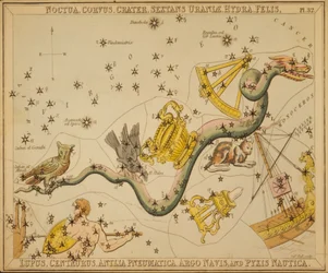 Noctua, Corvus, kraatteri, Sextans of Urania, Hydra, Felis, Lupus, Centaurus, Antlia Pneumatica, Argo Ship ja Pyxis Nautica, kuvitus Urania