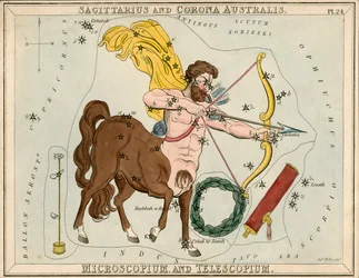 Jousimies ja Corona Australis. Microscopium ja Telescopium, noin 1825 (kortti, paperi, kudos).