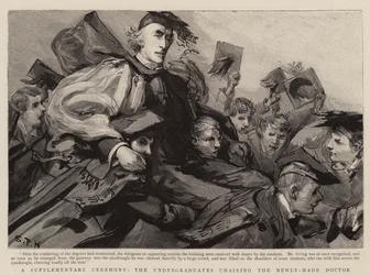 Täydentävä seremonia, opiskelijat toimivat puheenjohtajana vastavalmistuneelle tohtorille.