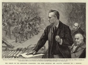 Keskustelu vangituista dynamitereistä, sisäministeri (Asquith) vastaa J Redmondille