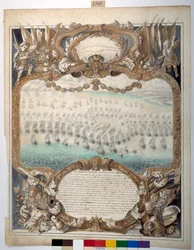 Meritaistelu pidettiin lähellä Agoustea, 22. huhtikuuta 1676 (musta muste ja kartoituskynä vesivärillä paperilla)