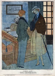 Kuvitus Andre Birabeaun (1890-1974) ja Marcel Hervieun teatteriteoksen "Elles tirera" kohtauksesta "" La baionnette """ numero 124, 15. marraskuuta