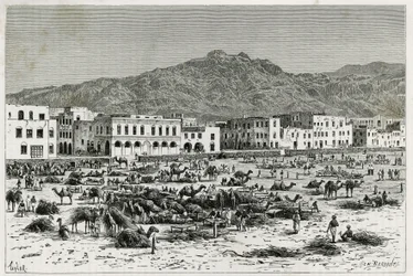 Adenin (Jemen) marssi. Taylorin kaiverrus havainnollistamaan tarinaa "" Matka Benadirille, Somalialle ja Bayounille"", vuosina 1882-1883, kirjoittanut M.G.Revoil. Julkaistu Le Tour du monde -lehdessä, nouveau journal des voyages