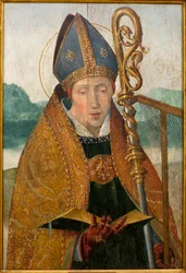 Saint Blaise - Maalaus veli Carlosin työpajasta (flaamilainen maalari, toiminut vuosina 1517-1544), öljy puulle, noin 1530 (St Blaise, Friar Carlosin työpaja (toiminut 1517-1544), öljytaulu, noin 1530 ) - Musee d